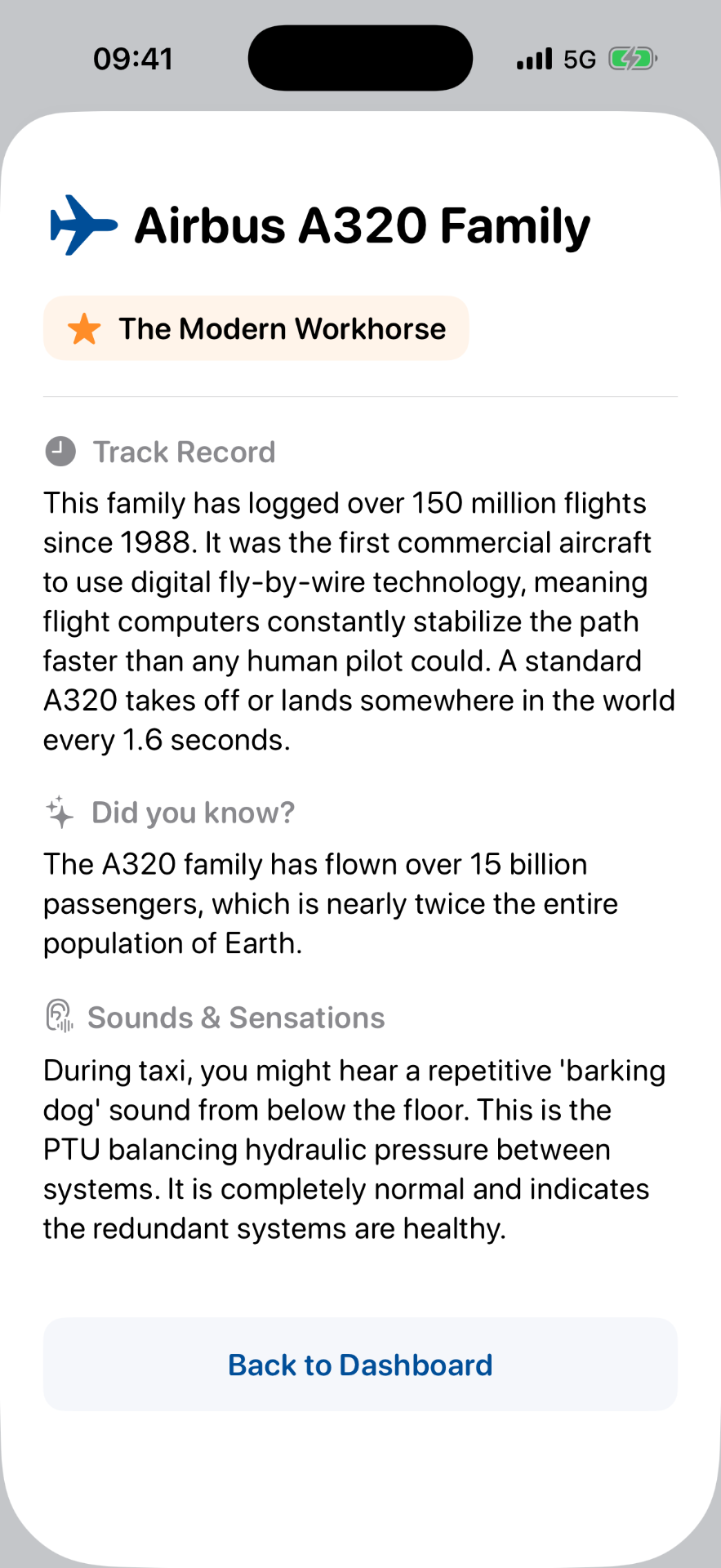 FlyCalm aircraft information screen showing Airbus A320 safety details
